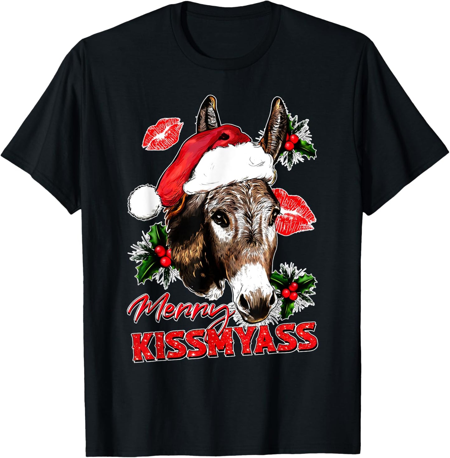 Merry Kissmyass Funny Donkey Lovers Sarcastic Christmas T-Shirt - T-Shirt | Black