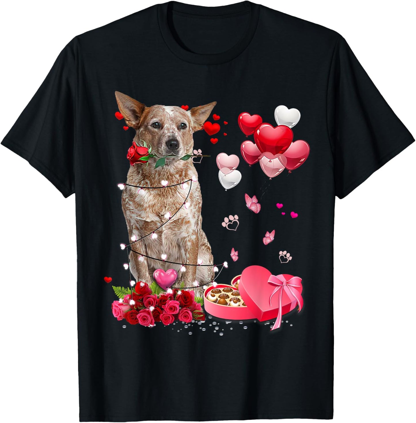 Funny Red Heeler Rose Heart Happy Valentine Day Dog Mom T-Shirt - T-Shirt | Black