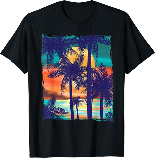 Orange and Aqua Sunset with Silhouetted Palm Trees T-Shirt - T-Shirt | Black