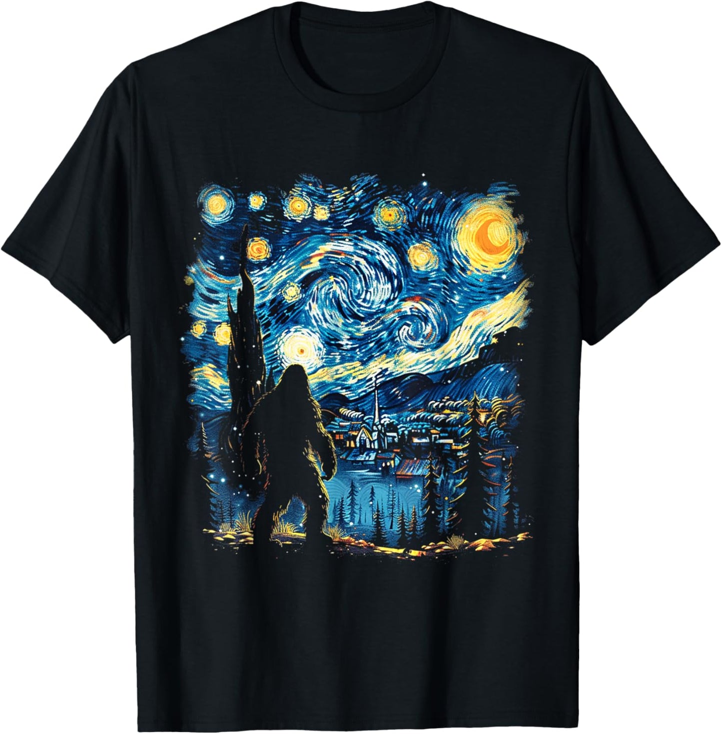 Funny Bigfoot Starry Night Sasquatch Van Gogh Sky Painting T-Shirt - T-Shirt | Black