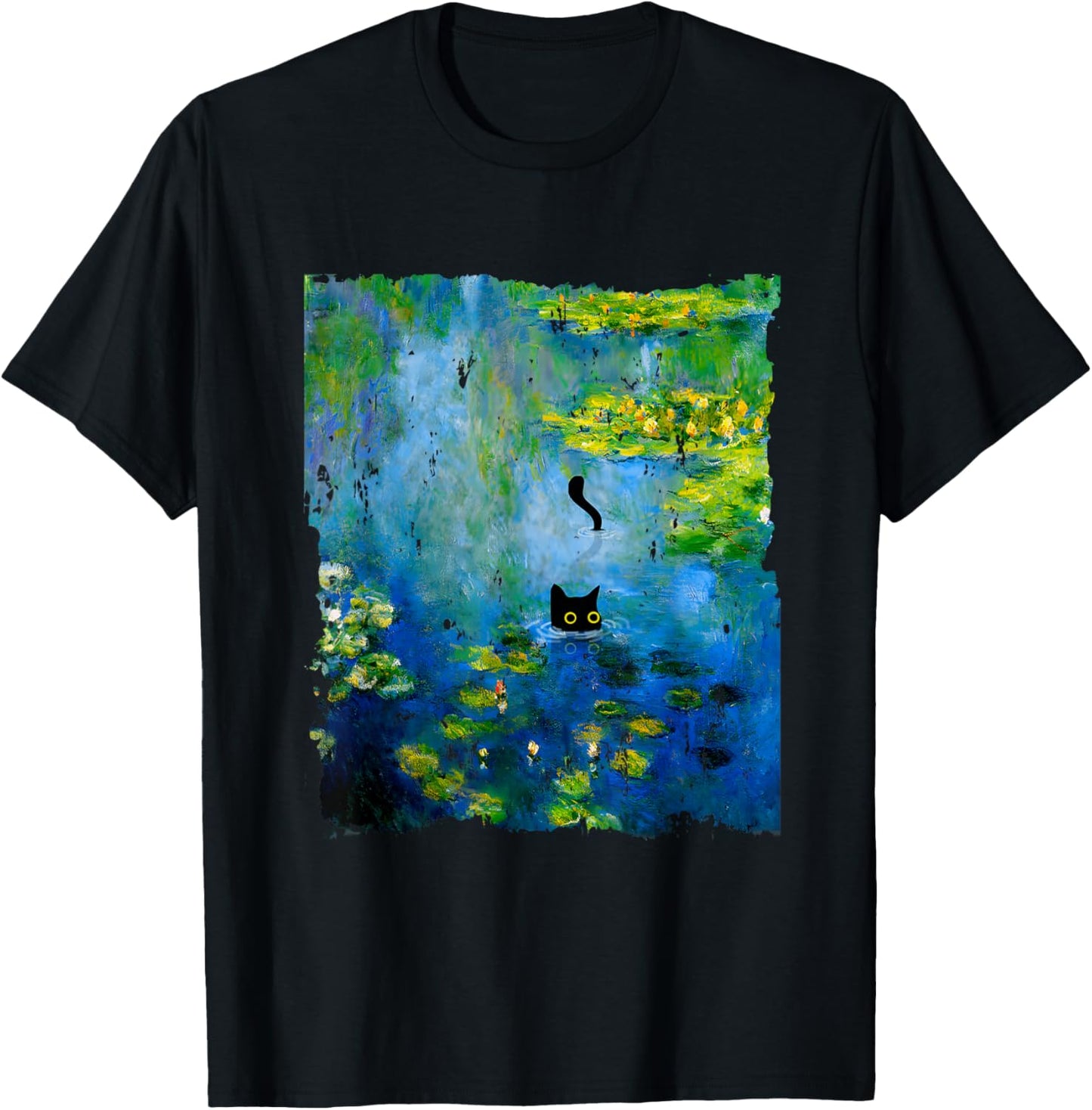 Black Cat Monets Waterlily Painting Art Cat Lover T-Shirt - T-Shirt | Black