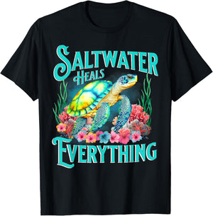 Saltwater Heals Everything Beach Sea Turtle Beach Lover T-Shirt - T-Shirt | Black