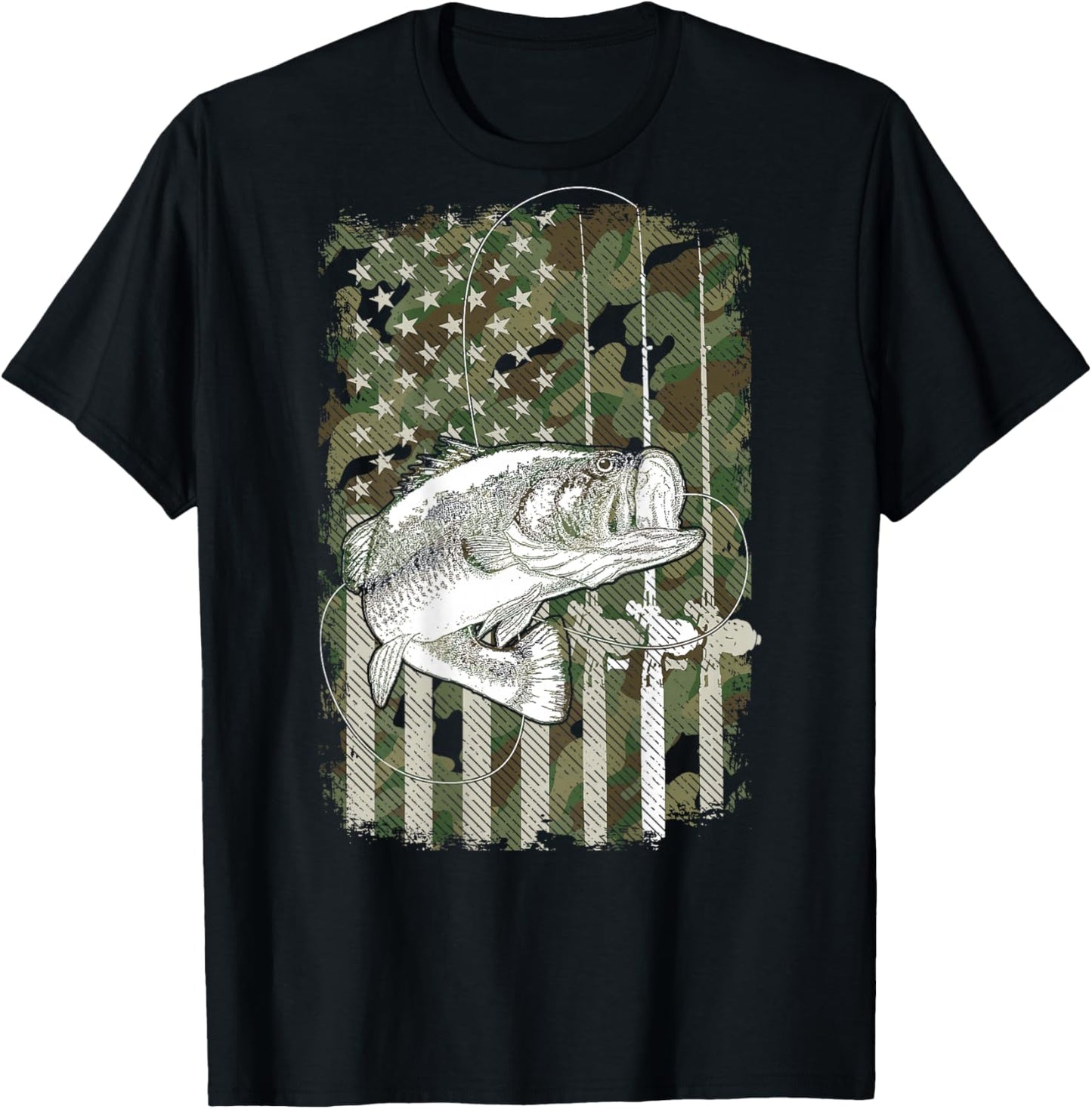 American Flag Camo Bass Fish Fishing (On Back) For Fisherman T-Shirt - T-Shirt | Black