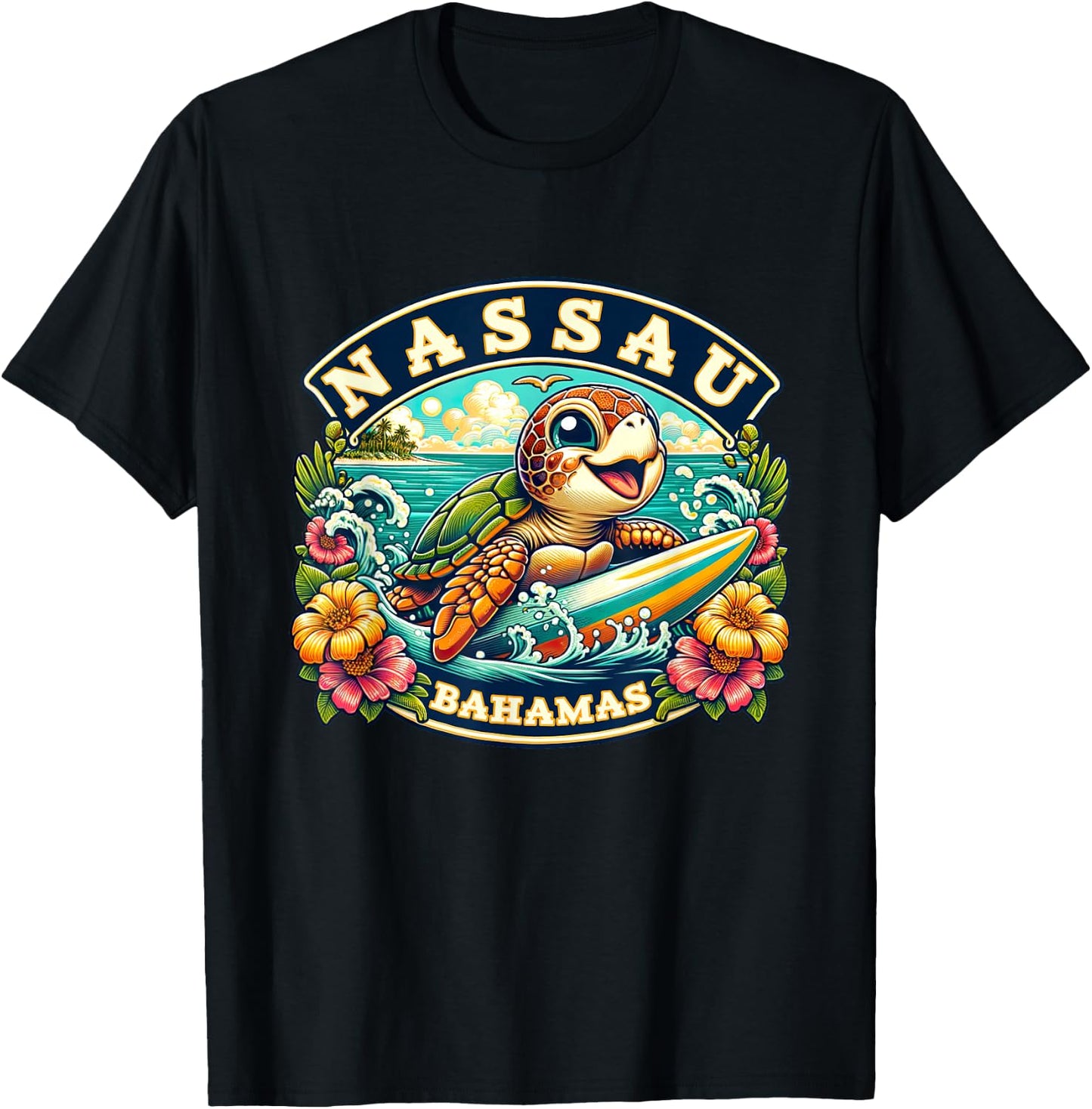 Nassau Bahamas Cute Sea Turtle Surfing T-Shirt - T-Shirt | Black