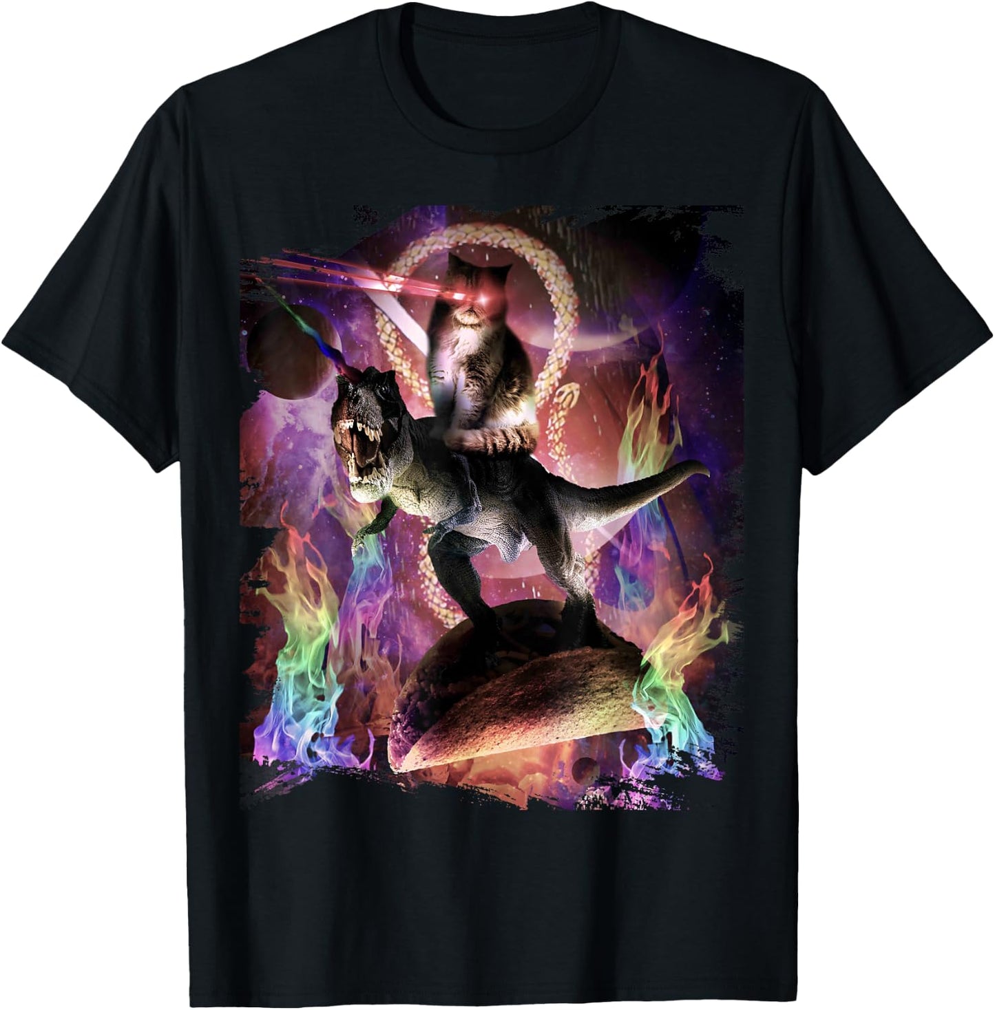 Evil Space Laser Cat On Dinosaur Unicorn On Taco T-Shirt - T-Shirt | Black