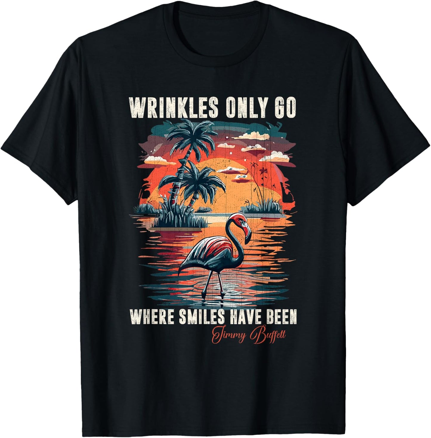 Wrinkles Only Go Where Smiles Have Been Funny Flamingo T-Shirt - T-Shirt | Black