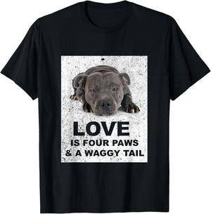 Love is 4 paws & waggy tail Blue Staffordshire Bull Terrier T-Shirt - T-Shirt | Black