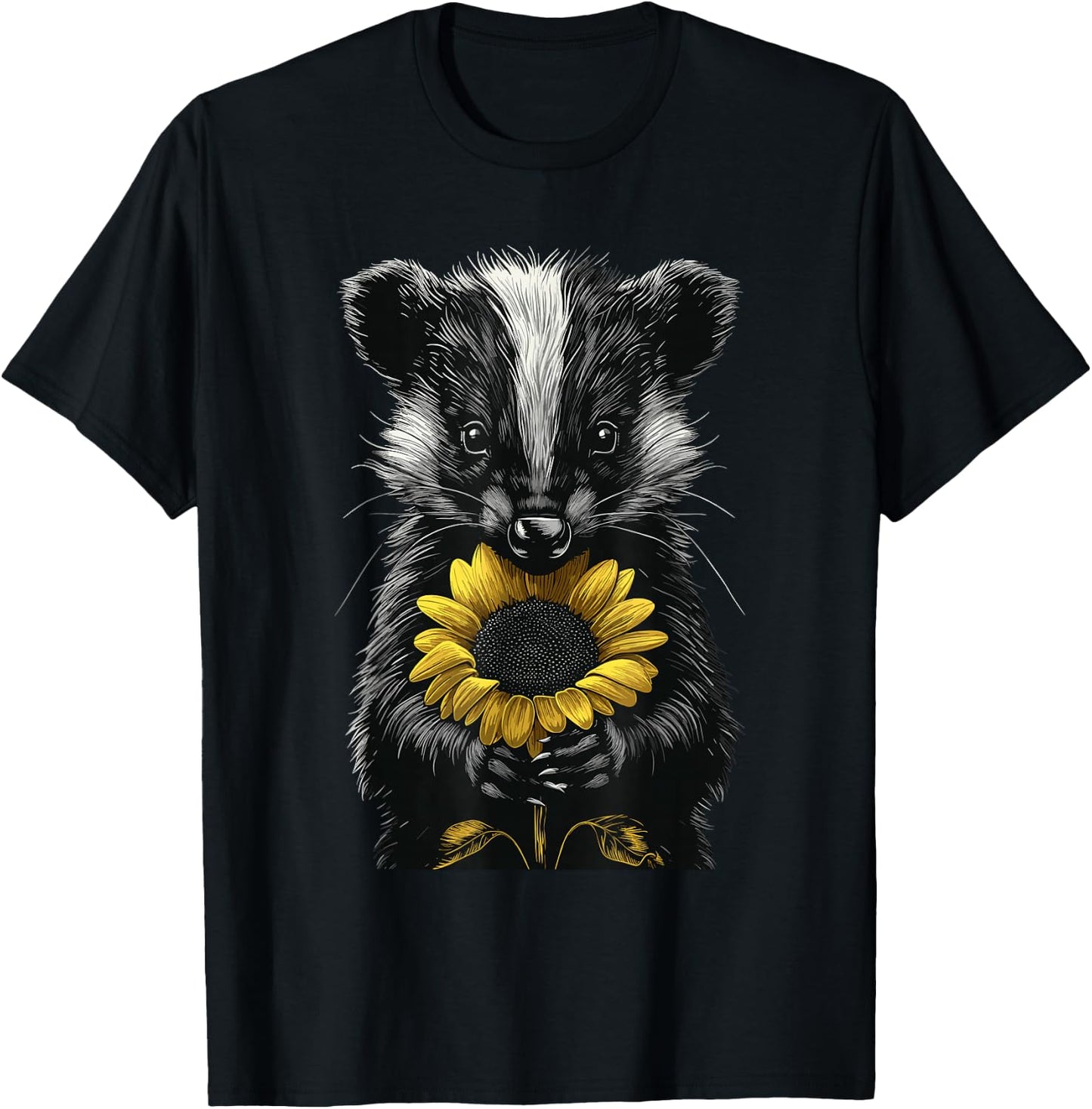 Skunk Holding Sunflower Wildlife Animal Cute Flower T-Shirt - T-Shirt | Black