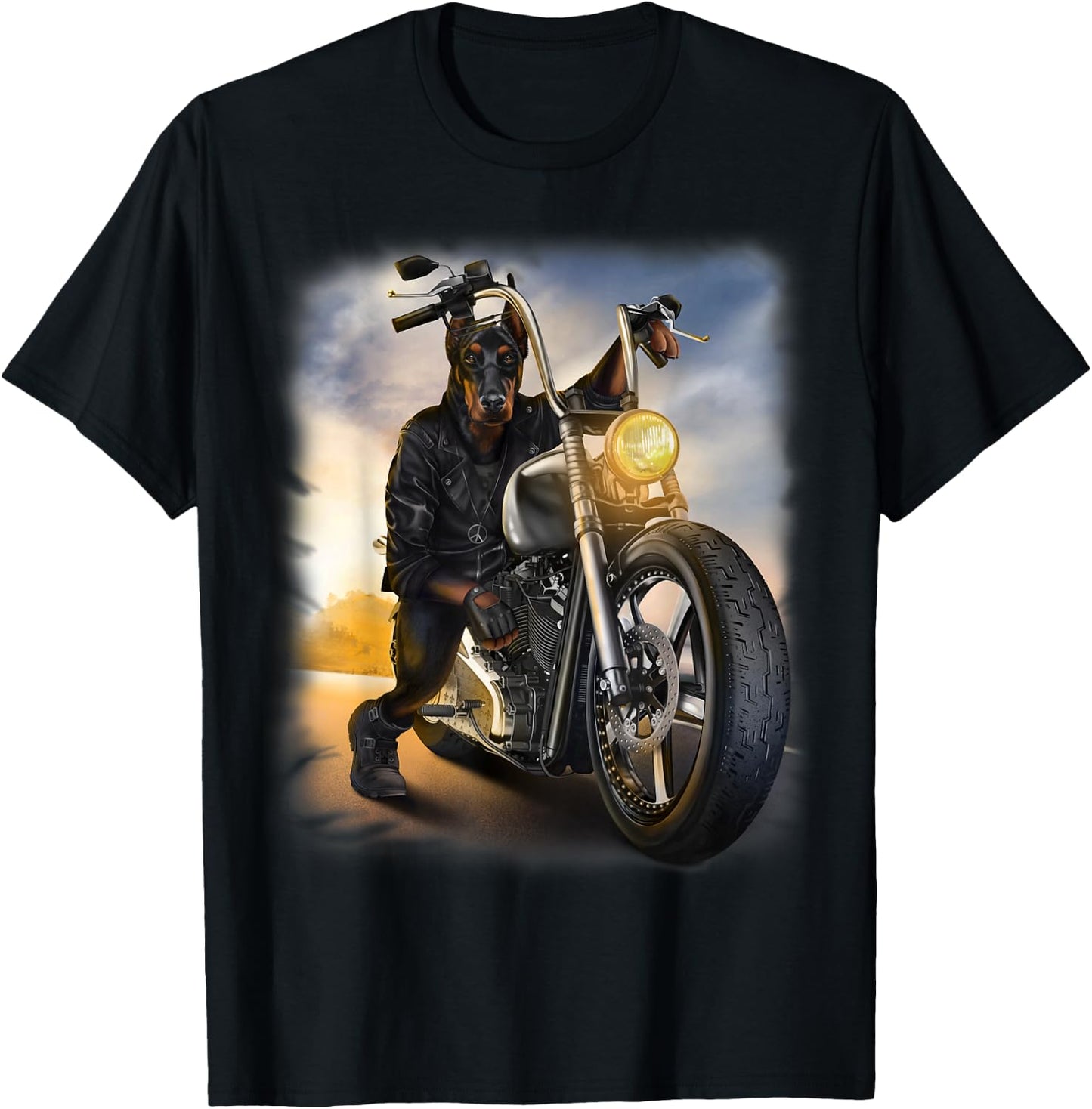 Doberman Dog Biker Riding Motorcycle at Sunset T-Shirt - T-Shirt | Black
