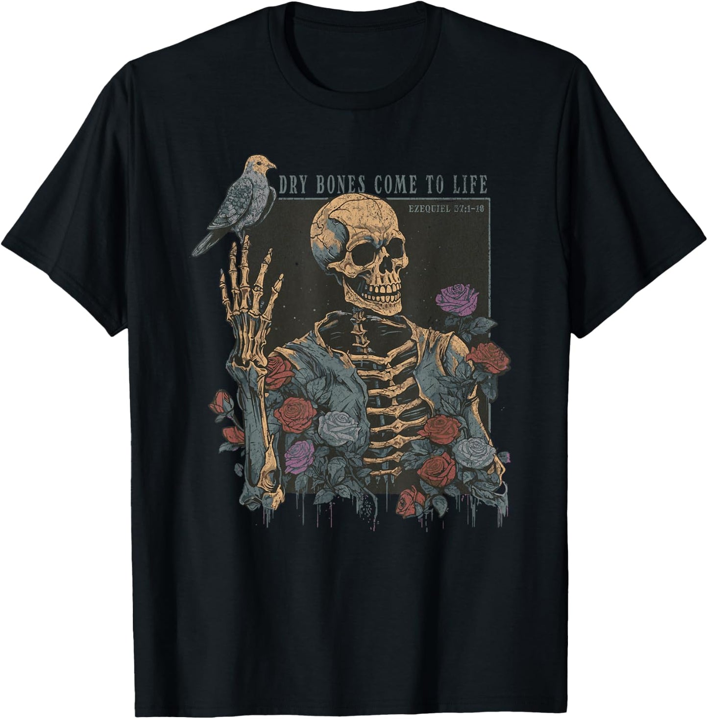Dry Bones Come to Life Skeleton Bird Flower Nature Halloween T-Shirt - T-Shirt | Black