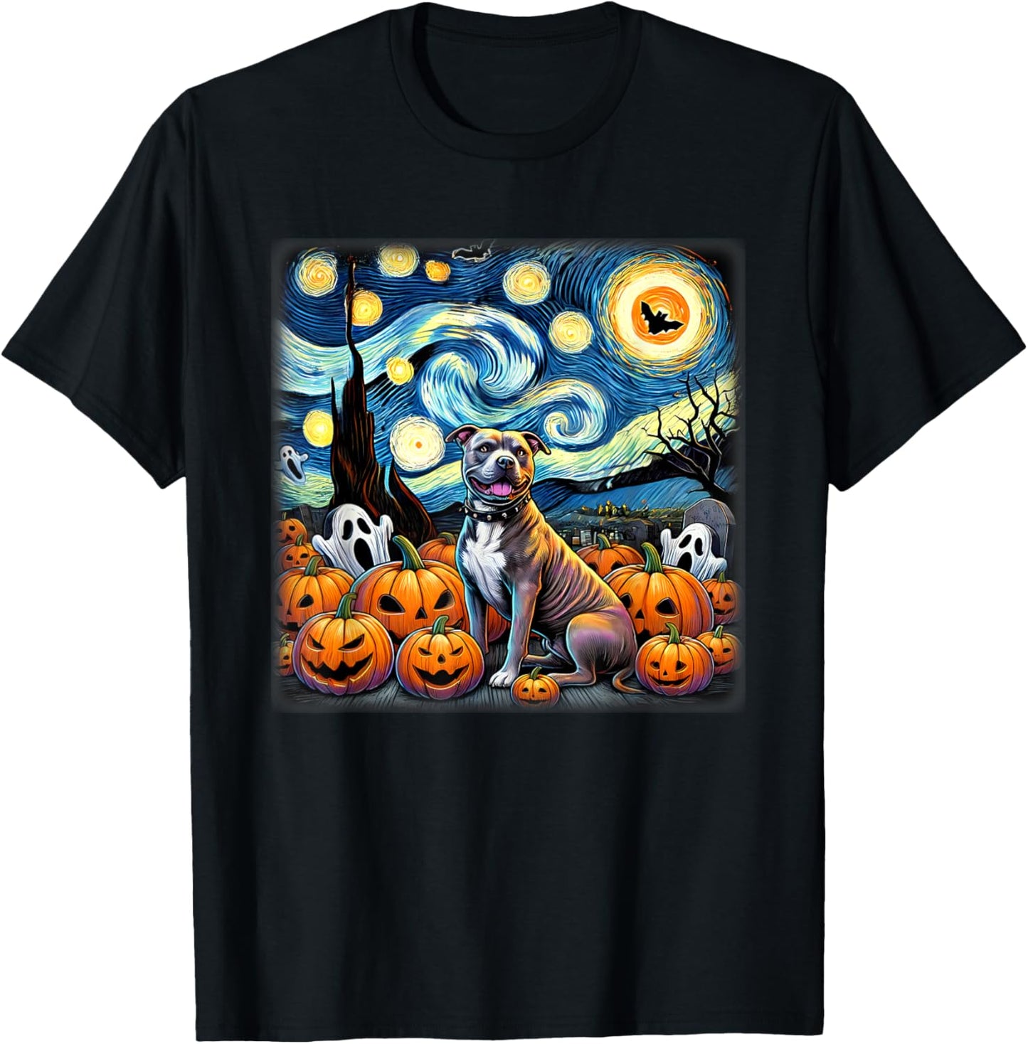 Starry Night Pitbull Halloween T-Shirt - T-Shirt | Black