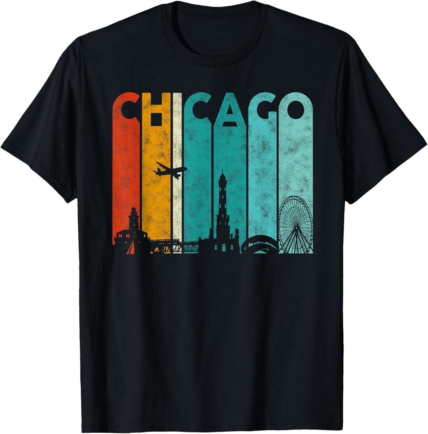 Vintage Retro Style Chicago city Skyline Airplane Chicago T-Shirt - T-Shirt | Black