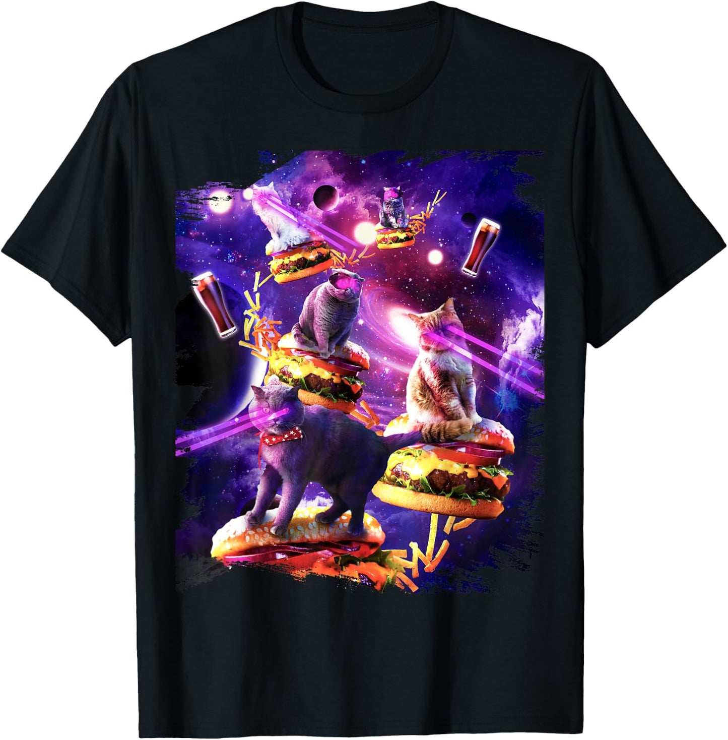Galaxy Laser Cat On Burger - Space Cheeseburger Cats T-Shirt - T-Shirt | Black