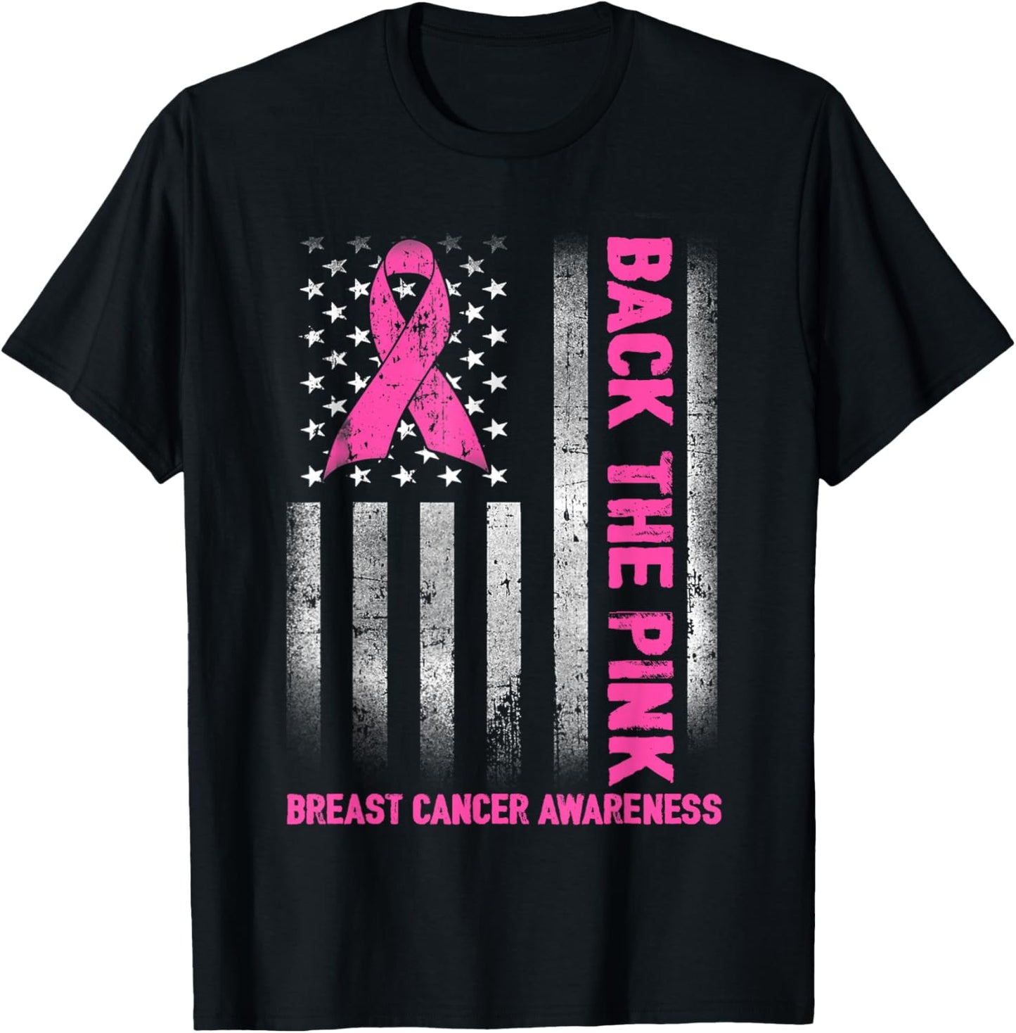 Back The Pink Ribbon American Flag Breast Cancer Awareness T-Shirt - T-Shirt | Black