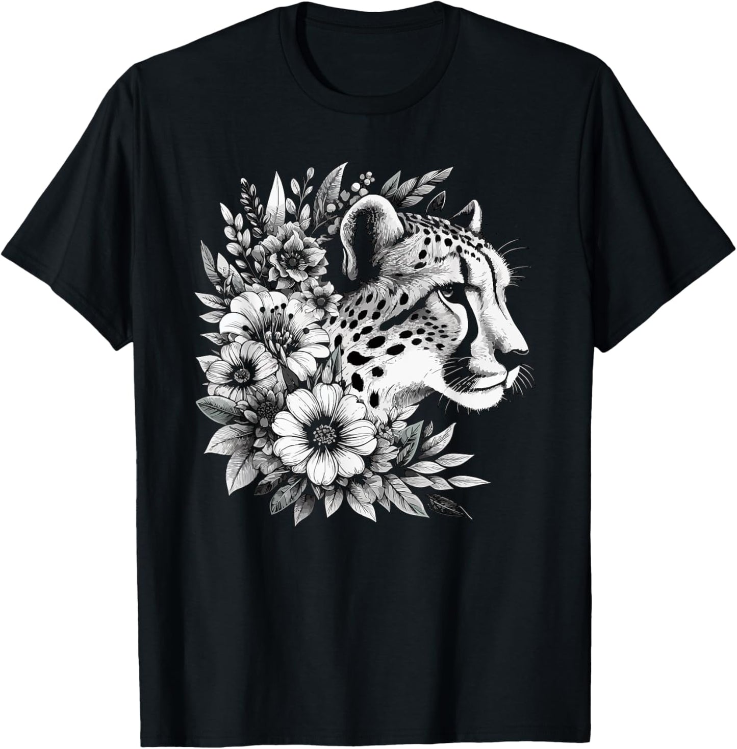 Cheetah Face Animal Print Big Cat Wildlife Flowers Design Women Kids T-Shirt - T-Shirt | Black