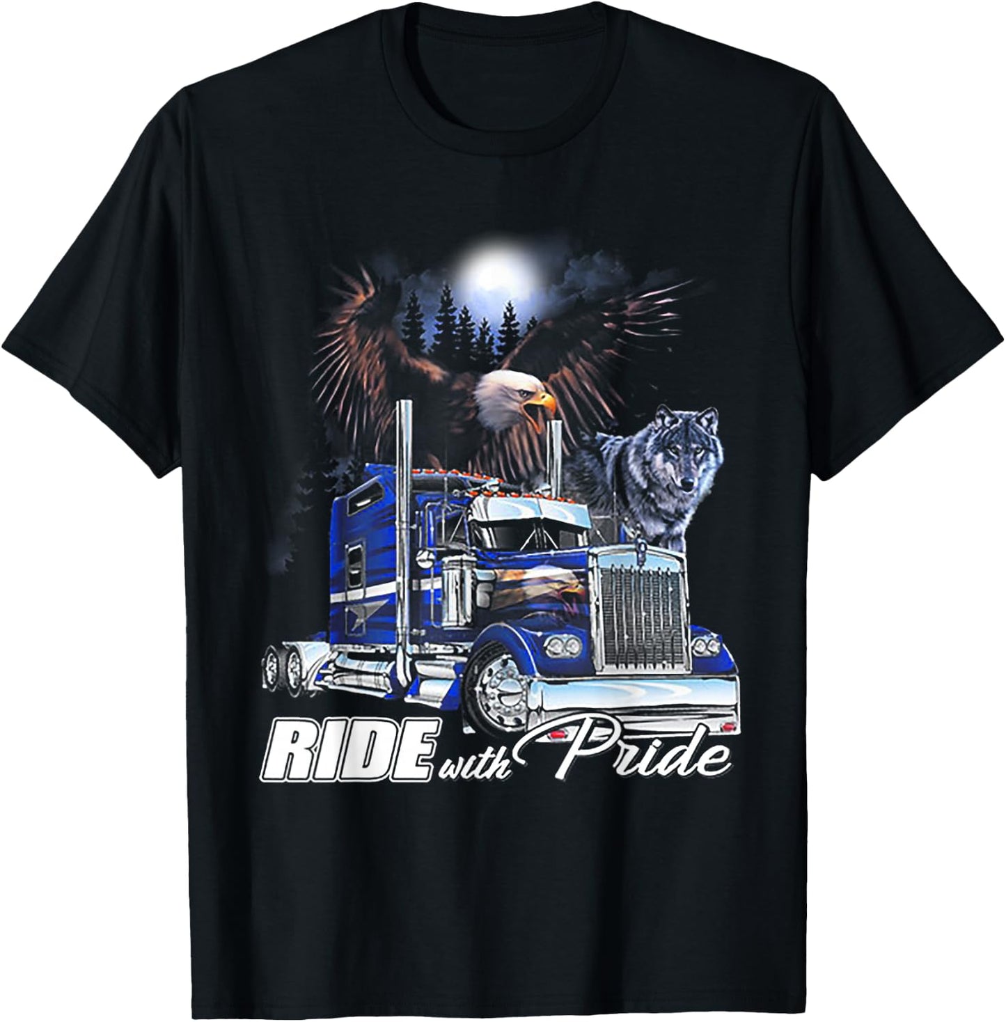 Ride With Pride Trucker Eagle Wolf T-Shirt - T-Shirt | Black