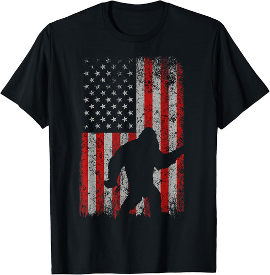 Patriotic American Flag Sasquatch Lover Gift Bigfoot Vintage T-Shirt - T-Shirt | Black