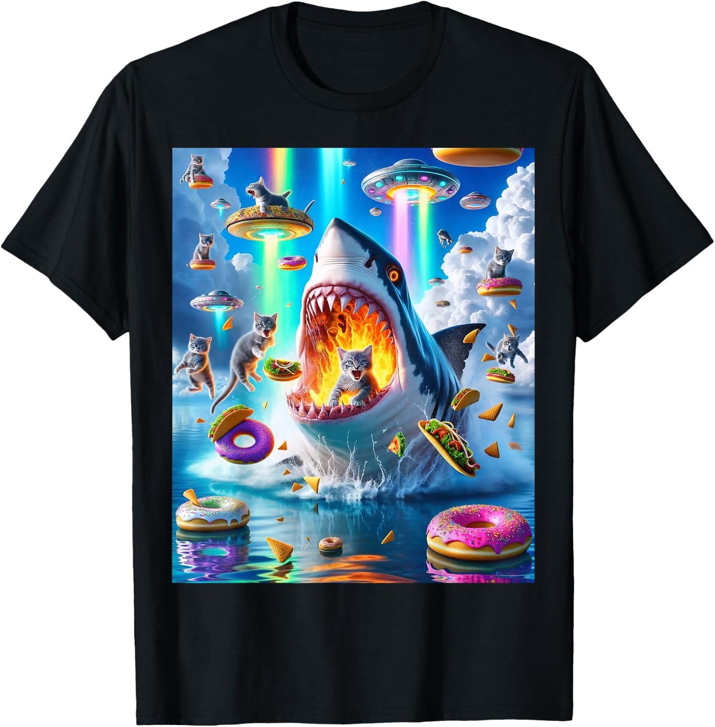 Cat Kitty Riding Fire Breathing Shark Rainbow Laser Taco Women T-Shirt - T-Shirt | Black