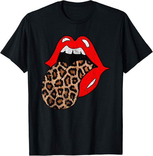 Red Lips Leopard Tongue Shirt Vintage Trendy Animal Print T-Shirt - T-Shirt | Black