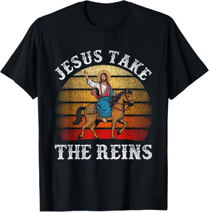 Jesus Take The Reins Rodeo Cowboy Barrel Racing T-Shirt - T-Shirt | Black