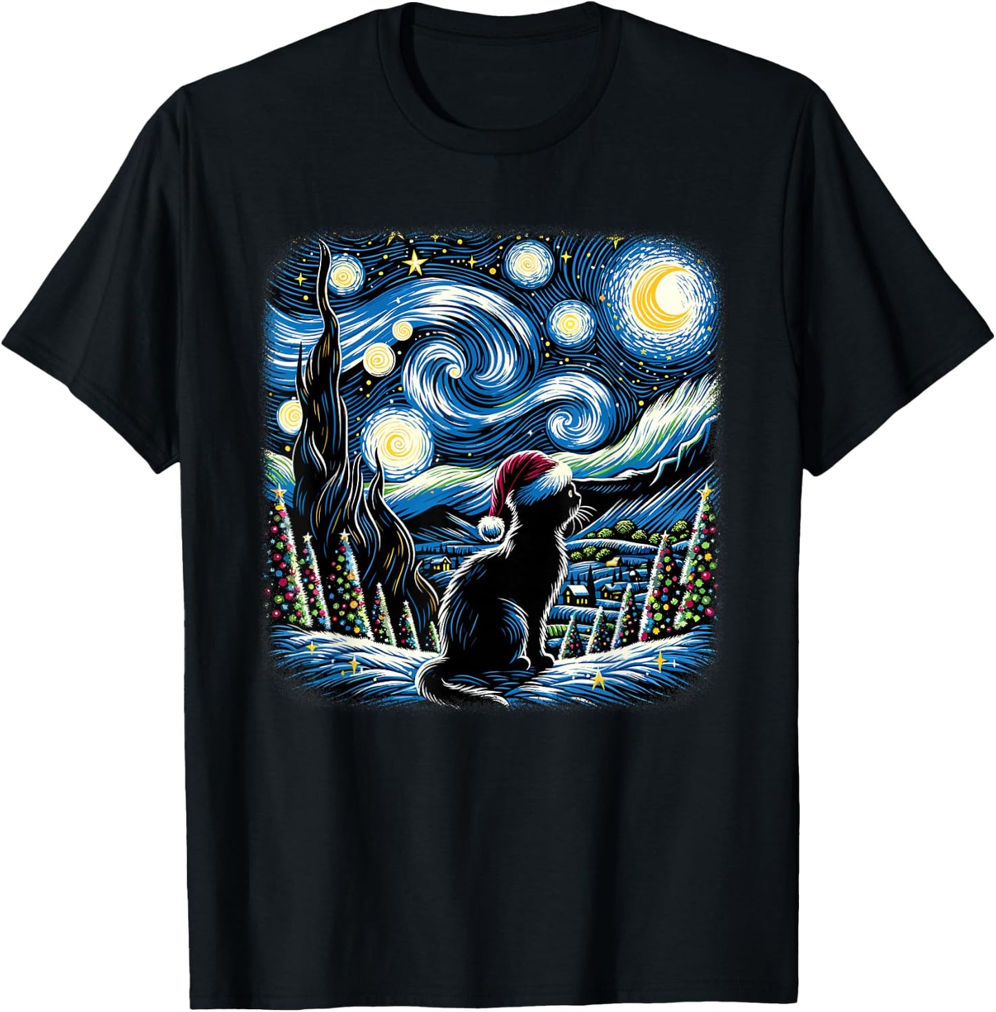 Van Gogh Starry Night Festive Christmas Black Cat Santa Hat T-Shirt - T-Shirt | Black