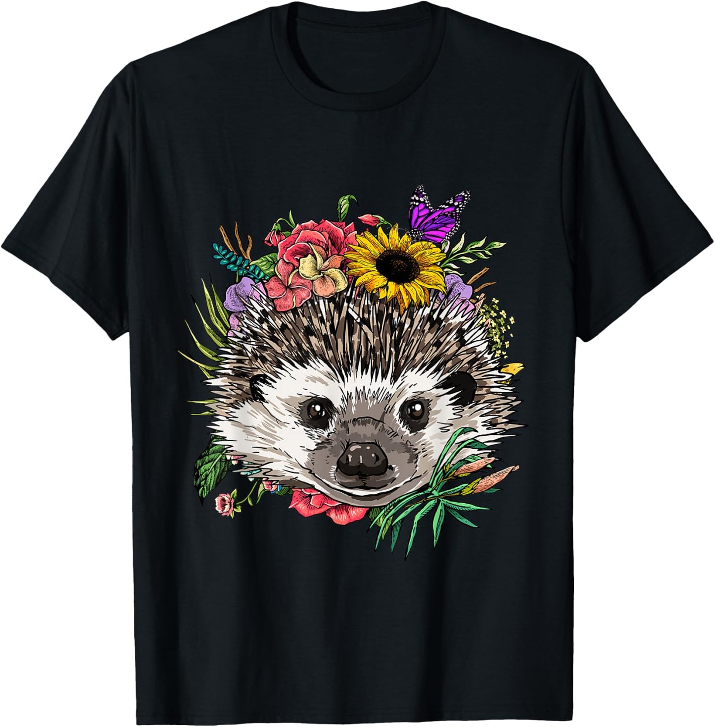 Hedgehog Shirt Floral Hedgehog Animal Face Hedgehog Lovers T-Shirt - T-Shirt | Black