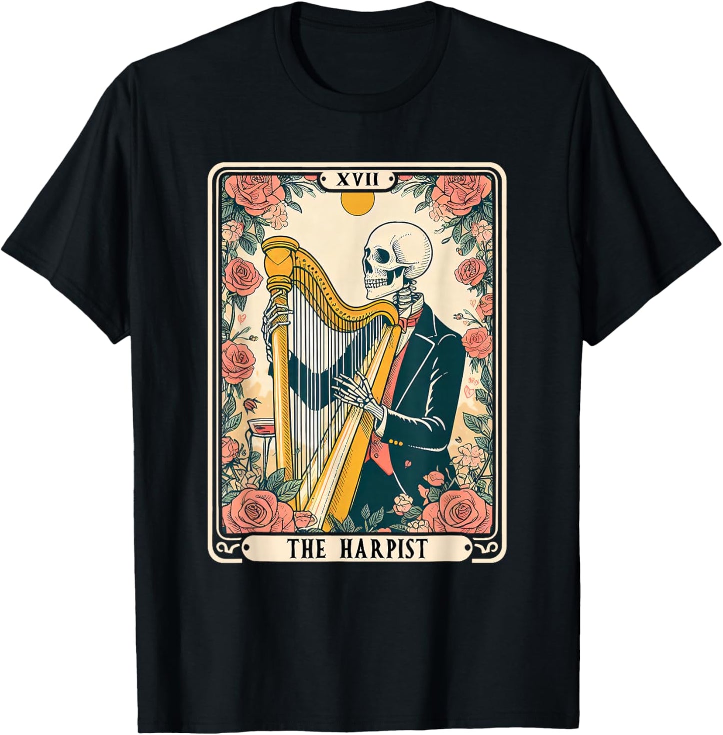 The Harpist Harp Player Tarot Card Skeleton Harp Musician T-Shirt - T-Shirt | Black