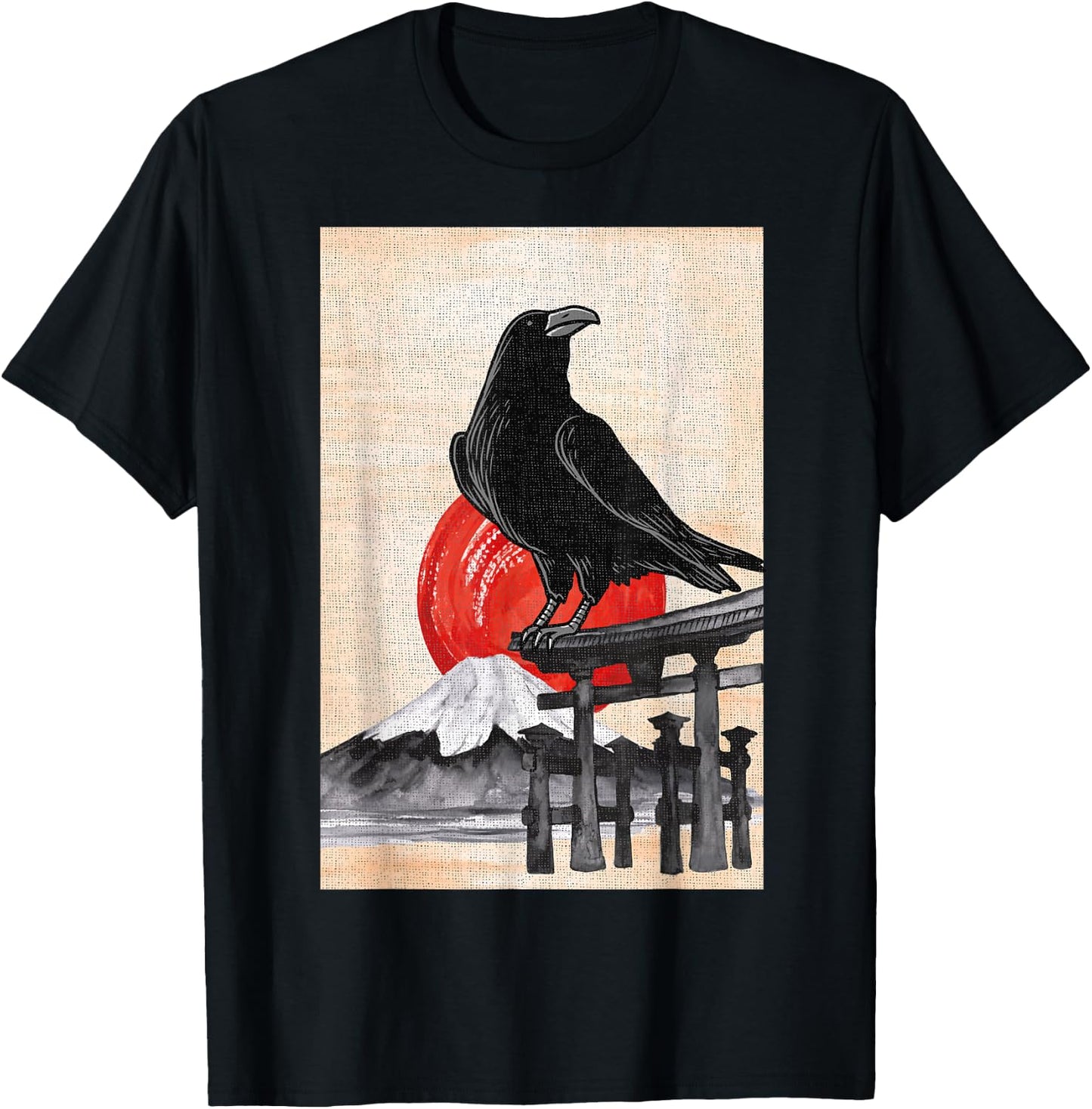 Japanese Style Red Moon Raven Graphic Black Crow Occult Goth T-Shirt - T-Shirt | Black