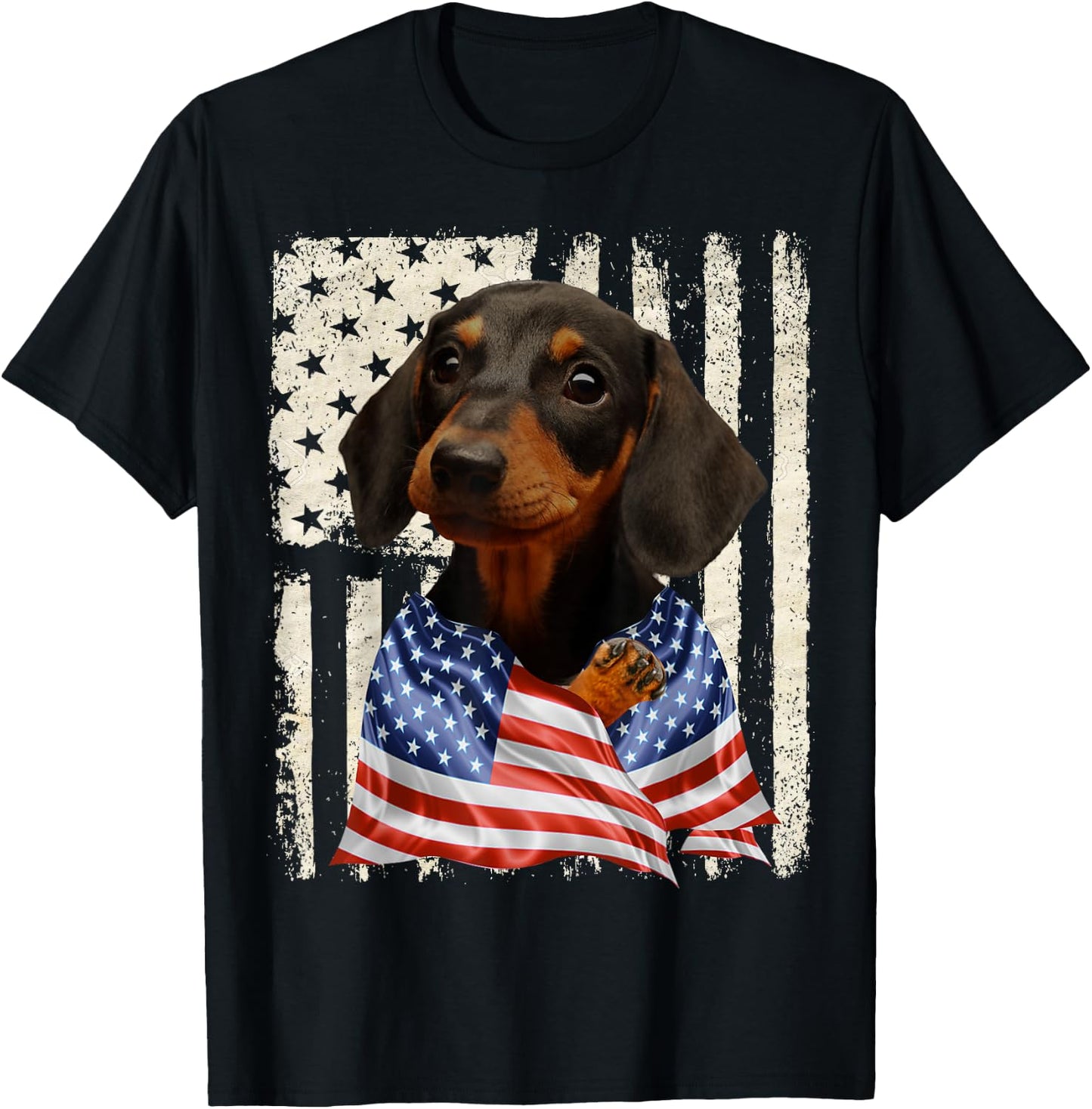 Dachshund Dog American Flag 4th Of July Patriotic T-Shirt - T-Shirt | Black