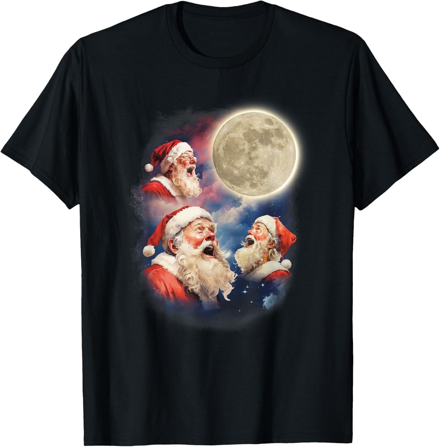 Three Santa Moon Santas Howling At Moon Meme Weird Christmas T-Shirt - T-Shirt | Black
