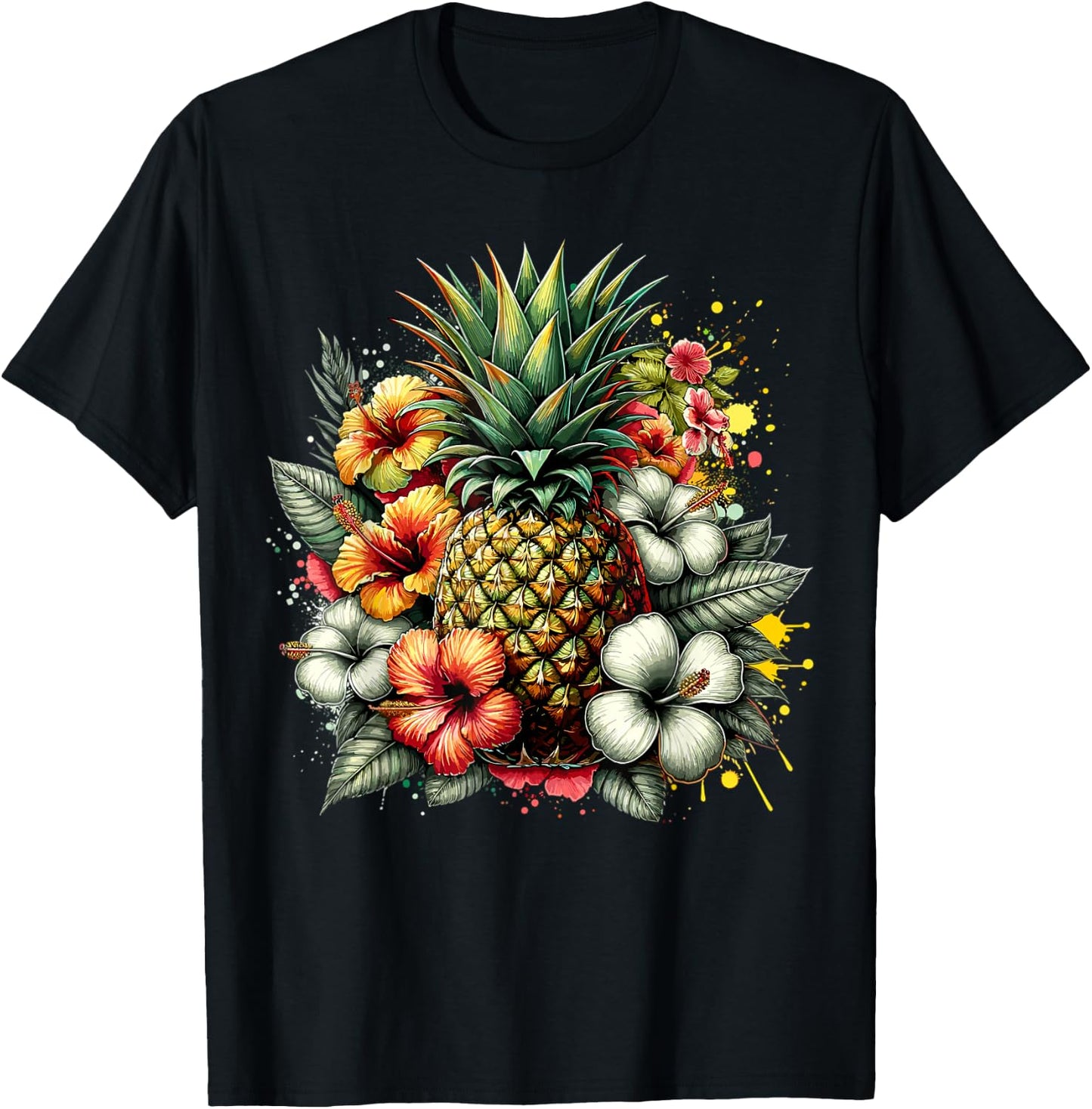 Pineapple Hawaii Vintage Hawaiian Floral T-Shirt - T-Shirt | Black