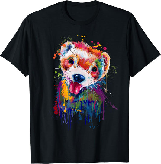Ferret Face Graphics Hand Drawn Splash Art Ferret Pet Lover T-Shirt - T-Shirt | Black