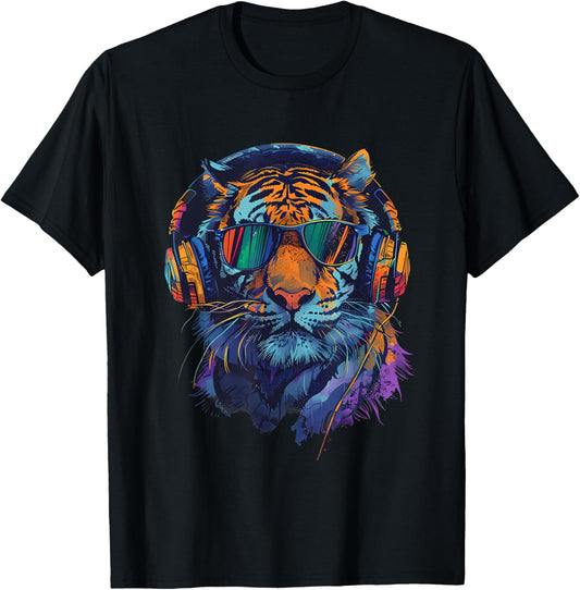 DJ Tiger Music Headphones Music Producer House Beatmaker T-Shirt - T-Shirt | Black