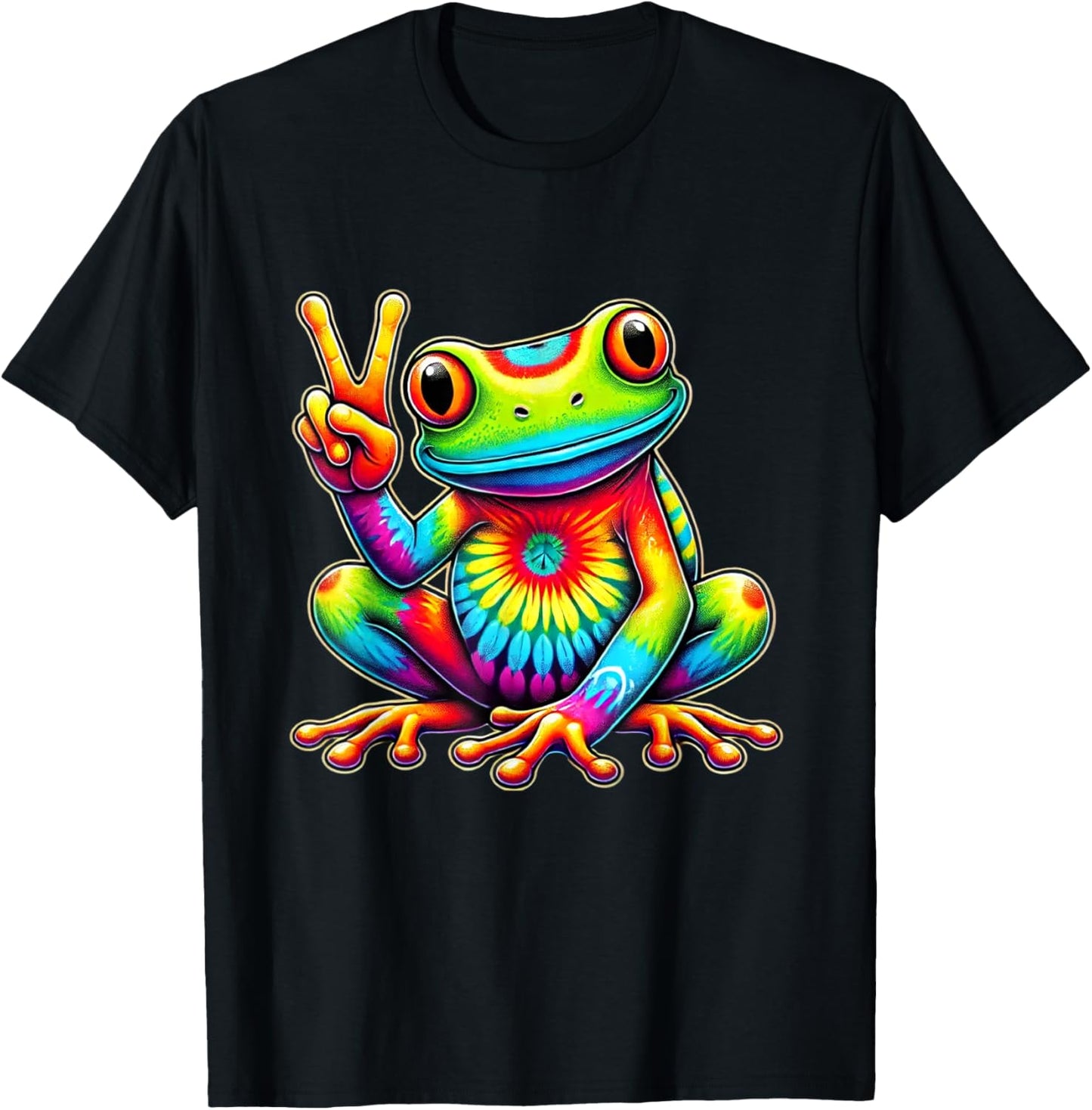 Tie-Dye Frog Holding Peace Sign Funny Hippie T-Shirt - T-Shirt | Black