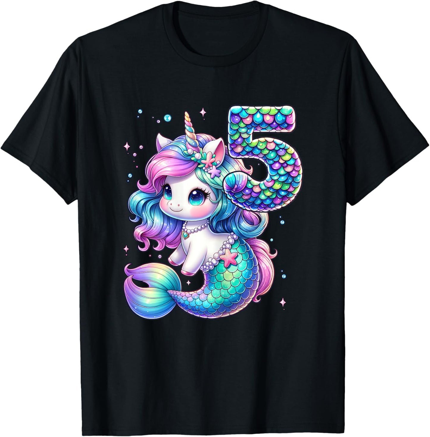 Unicorn Mermaid 5th Birthday 5 Year Old Party Girls Outfit T-Shirt - T-Shirt | Black