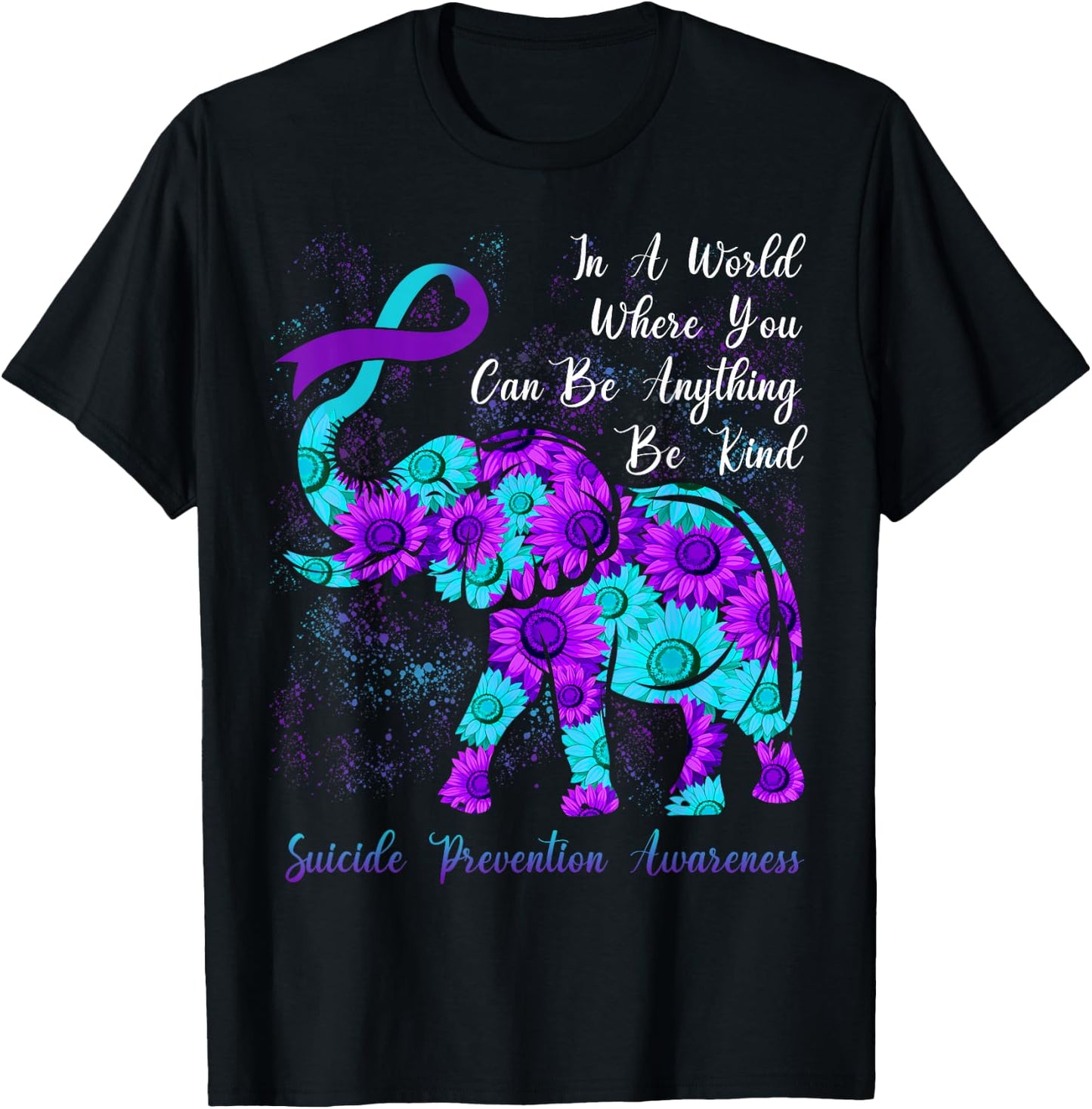 Suicide Prevention Awareness Teal Purple Sunflower Elephant T-Shirt - T-Shirt | Black