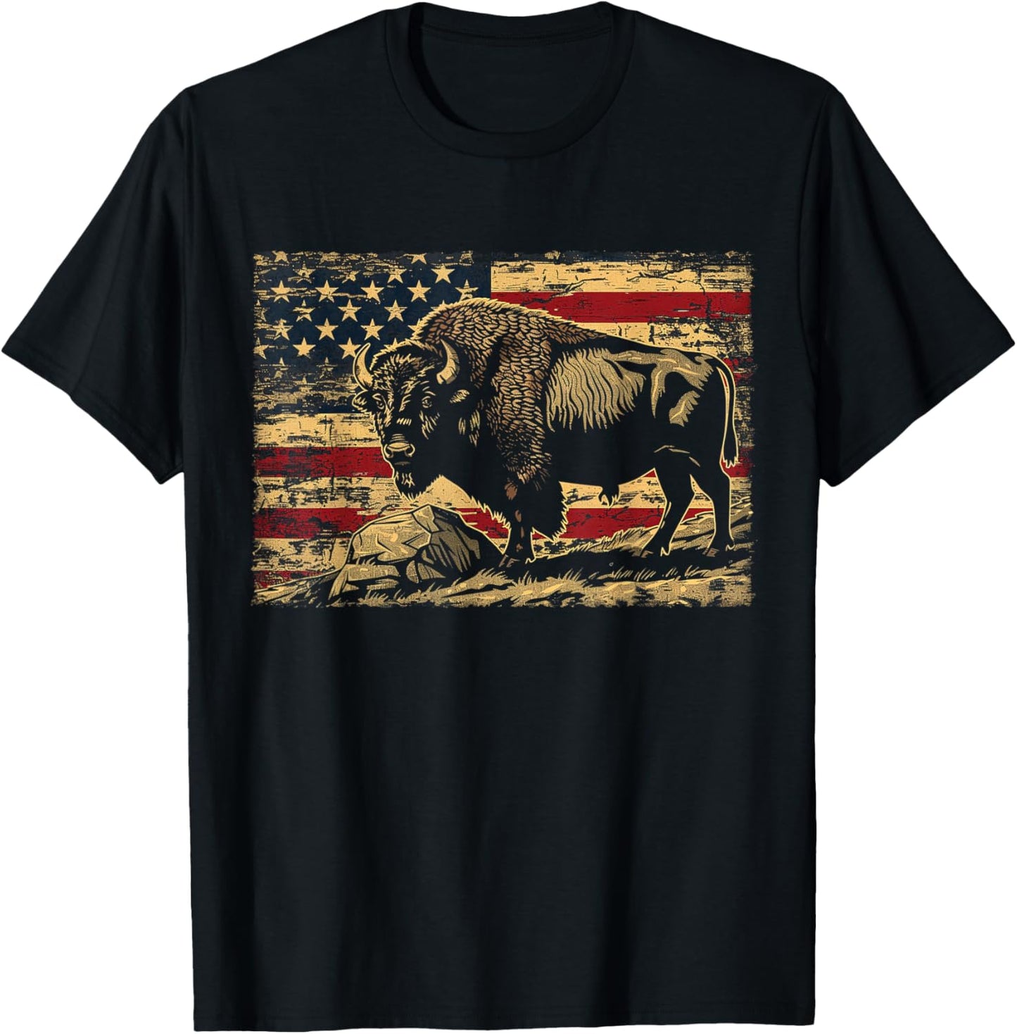 Retro American Flag Cute Animal Bison Lovers Awesome Outfits Kids Men T-Shirt - T-Shirt | Black