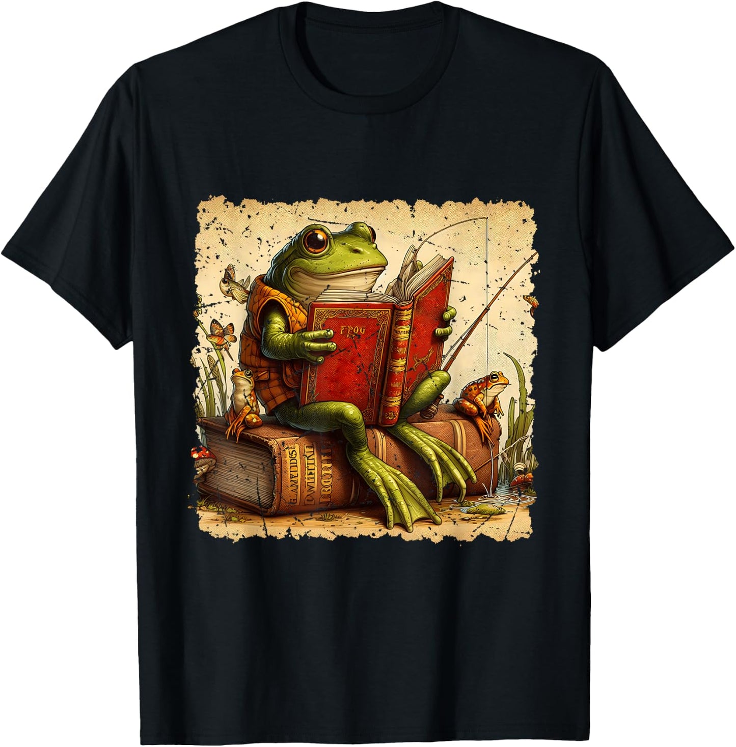 Frog & Toad Fishing Vintage Classic Book Frog Reading Book T-Shirt - T-Shirt | Black
