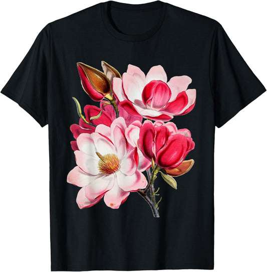 Vintage Pink Magnolia Tree Blooming Flower Fleur T-Shirt - T-Shirt | Black