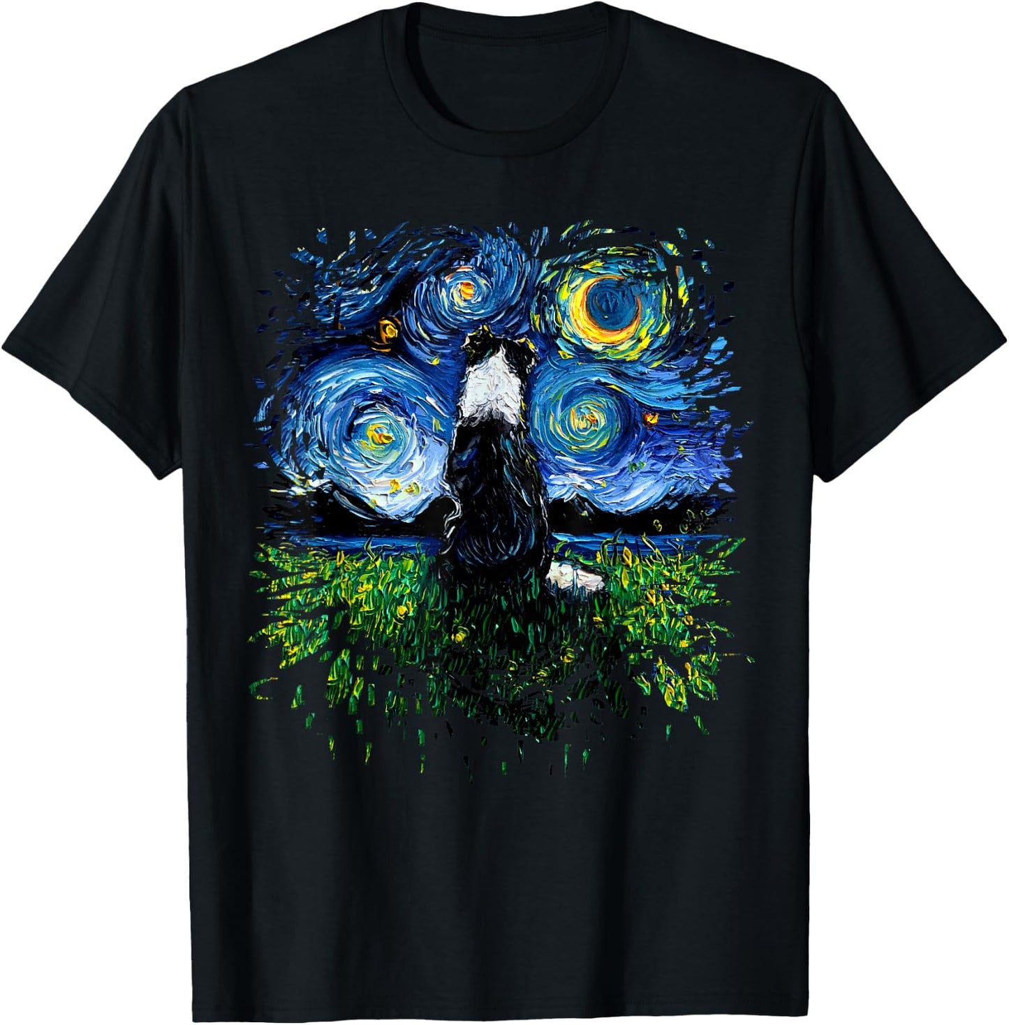 Border Collie Back Starry Night Impressionist Dog Aja Art Women Girls Kids T-Shirt - T-Shirt | Black