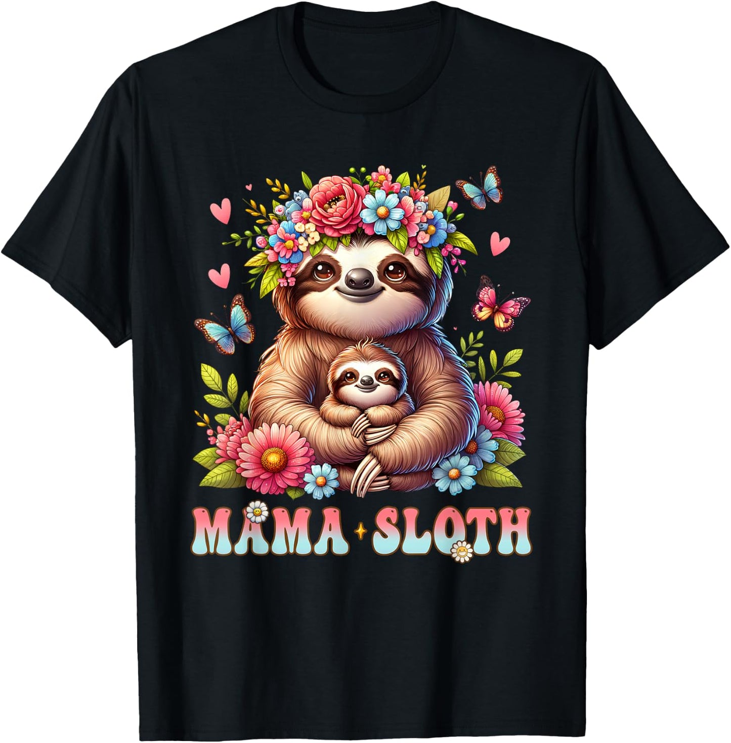 Mama Sloth Mother's Day Matching Floral Mommy Mom T-Shirt - T-Shirt | Black