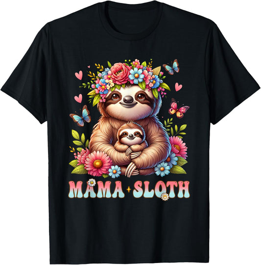 Mama Sloth Mother's Day Matching Floral Mommy Mom T-Shirt - T-Shirt | Black