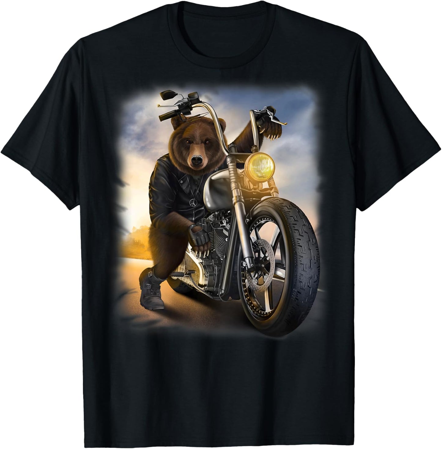 Grizzly Bear Riding Chopper Motorcycle at Sunset T-Shirt - T-Shirt | Black
