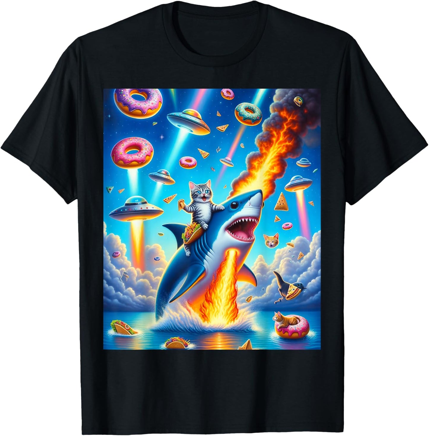 Cat Kitty Riding Fire Breathing Shark Rainbow Laser Taco T-Shirt - T-Shirt | Black