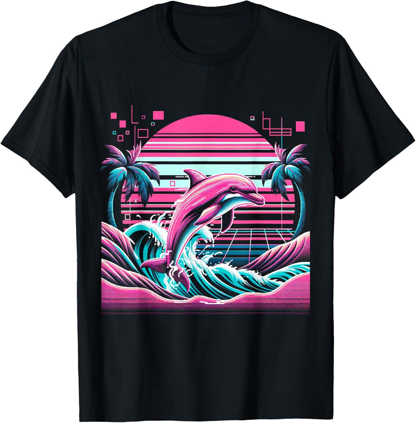 Retro Dolphin Palm Sunset Vaporwave - 80s 90s Glitch Art T-Shirt - T-Shirt | Black