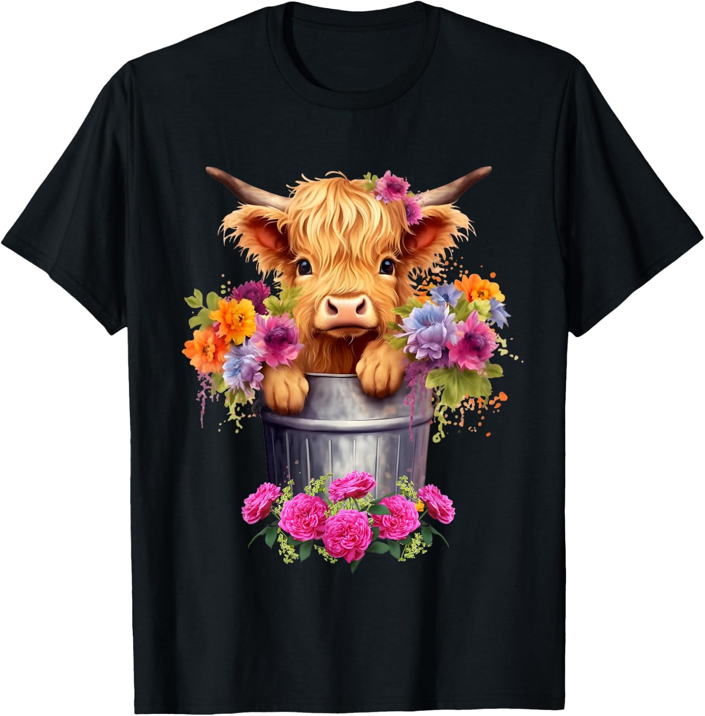 Cute Baby Highland Cow With flowers Calf Animal cow women T-Shirt - T-Shirt | Black