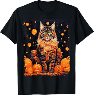 Pop Art Maine Coon Cat Pumpkin Halloween T-Shirt - T-Shirt | Black