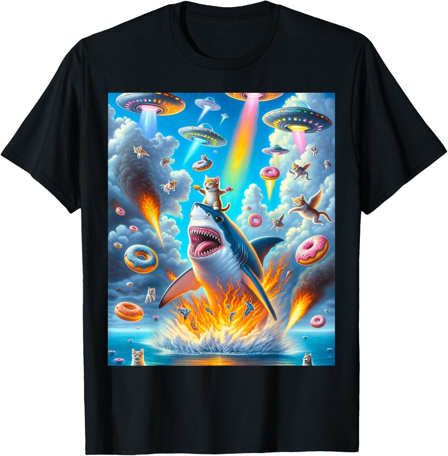 Cat Kitty Riding Fire Breathing Shark Rainbow Laser Taco T-Shirt - T-Shirt | Black