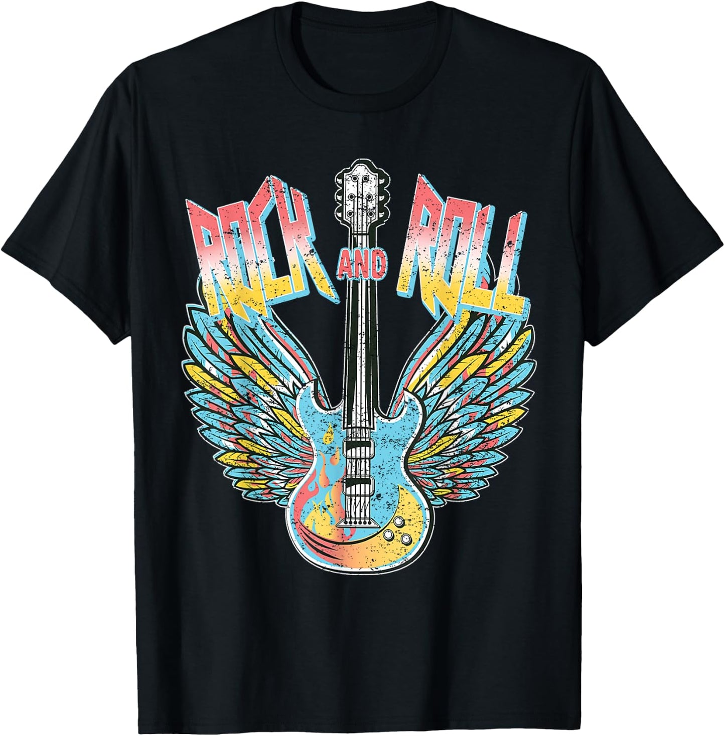 Vintage Retro 80s Rock & Roll Music Electric Guitar Wings T-Shirt - T-Shirt | Black