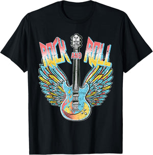Vintage Retro 80s Rock & Roll Music Electric Guitar Wings T-Shirt - T-Shirt | Black